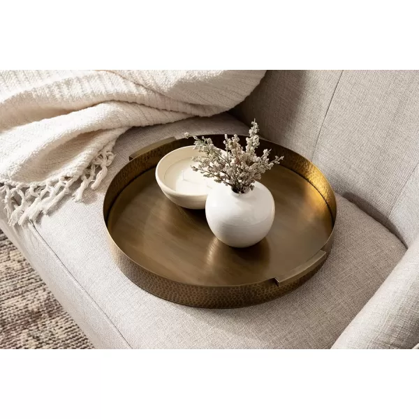 Kate and Laurel Samana Modern Round Metal Tray 17 Inch Diameter Bronze Polished Decorative Circle Tray with Hammered Surface for Use as Ottoman Tray or Serving TrayGold