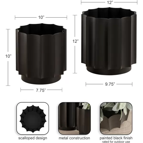 Kate and Laurel Scalone Modern TwoPiece Metal Outdoor Planter Set Set of 2 Black Decorative Metal Planters for Indoor Or Outdoor Plants with Scalloped Base for Patio Plant DecorBlack