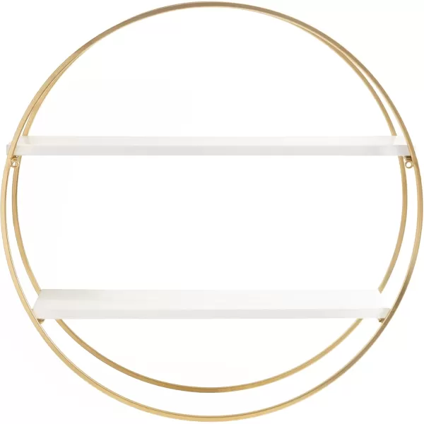 Kate and Laurel Sequoia Modern Round Wall Shelf 24 Inch Diameter White and Gold Contemporary Glam 2Tier Floating Shelf Decor for Living Room Bedroom or Bathroom DisplayWhiteGold