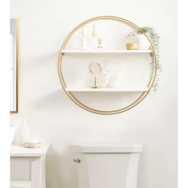 Kate and Laurel Sequoia Modern Round Wall Shelf 24 Inch Diameter White and Gold Contemporary Glam 2Tier Floating Shelf Decor for Living Room Bedroom or Bathroom DisplayWhiteGold