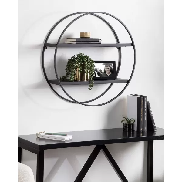 Kate and Laurel Sequoia Modern Round Wall Shelf 24 Inch Diameter White and Gold Contemporary Glam 2Tier Floating Shelf Decor for Living Room Bedroom or Bathroom DisplayBlack