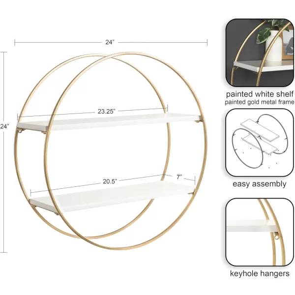 Kate and Laurel Sequoia Modern Round Wall Shelf 24 Inch Diameter White and Gold Contemporary Glam 2Tier Floating Shelf Decor for Living Room Bedroom or Bathroom DisplayWhiteGold
