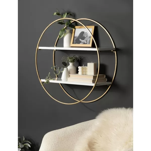 Kate and Laurel Sequoia Modern Round Wall Shelf 24 Inch Diameter White and Gold Contemporary Glam 2Tier Floating Shelf Decor for Living Room Bedroom or Bathroom DisplayWhiteGold