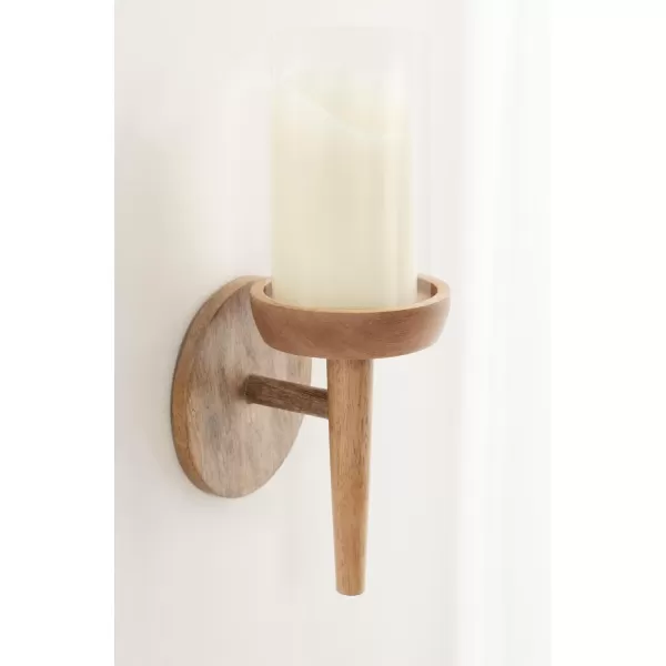 Kate and Laurel Shae Transitional Wooden Wall Sconce 5 x 5 x 13 Natural Wood Rustic Candle Holder with Removable Glass Cylinder for Flameless Pillar Candles