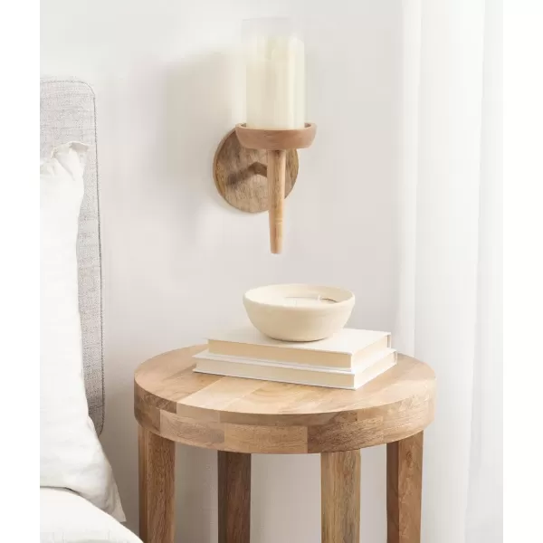 Kate and Laurel Shae Transitional Wooden Wall Sconce 5 x 5 x 13 Natural Wood Rustic Candle Holder with Removable Glass Cylinder for Flameless Pillar Candles