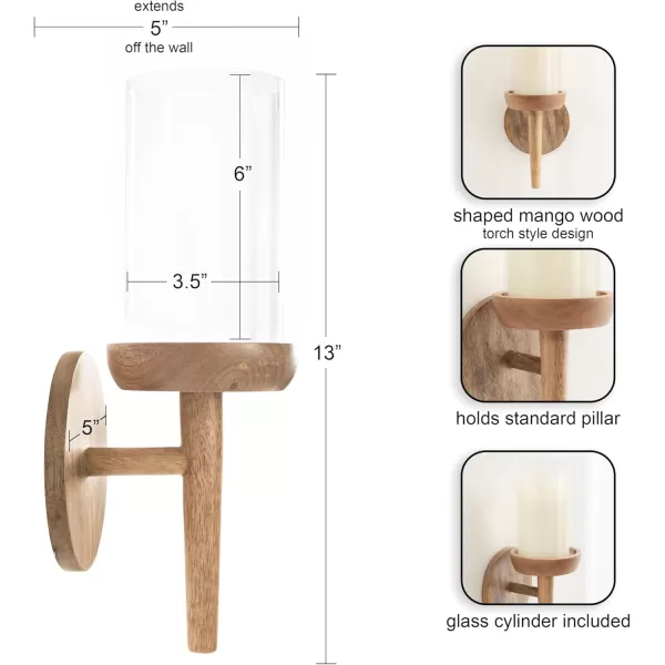 Kate and Laurel Shae Transitional Wooden Wall Sconce 5 x 5 x 13 Natural Wood Rustic Candle Holder with Removable Glass Cylinder for Flameless Pillar Candles