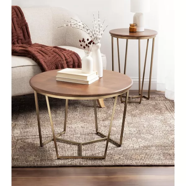 Kate and Laurel Solvay MidCentury Round Coffee Table for Living Room with Geometric Base and Mixed Materials Design 26x26x18 Walnut BrownGoldWalnut BrownGold