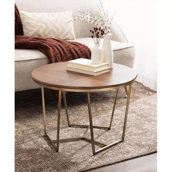 Kate and Laurel Solvay MidCentury Round Coffee Table for Living Room with Geometric Base and Mixed Materials Design 26x26x18 Walnut BrownGoldWalnut BrownGold