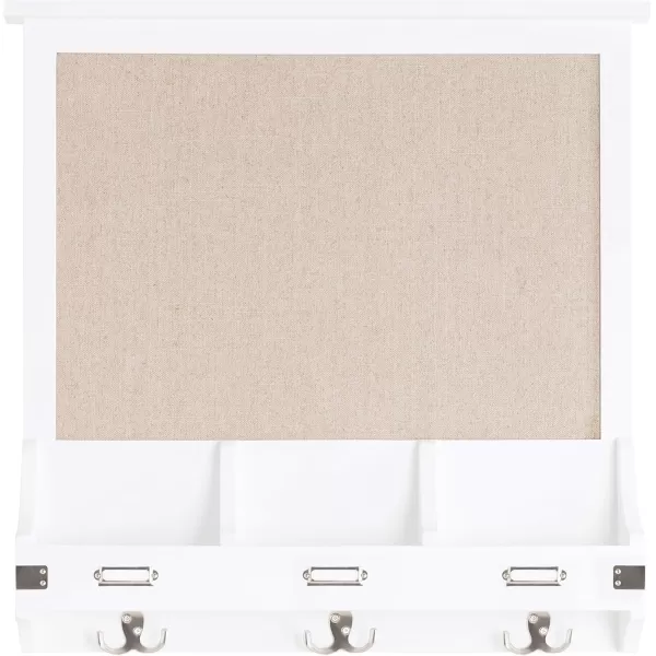 Kate and Laurel Stallard Wood Framed Wall Organizer with Fabric Pinboard 24 x 24 White Decorative Organizer with 3 Hooks and 3 Wooden Pockets