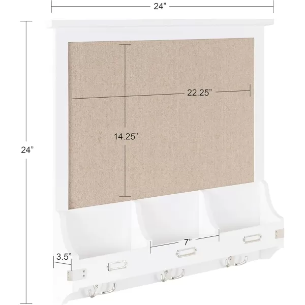 Kate and Laurel Stallard Wood Framed Wall Organizer with Fabric Pinboard 24 x 24 White Decorative Organizer with 3 Hooks and 3 Wooden Pockets