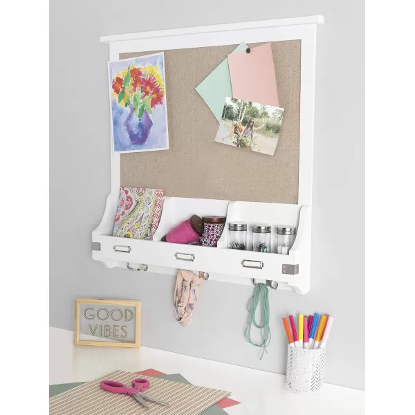 Kate and Laurel Stallard Wood Framed Wall Organizer with Fabric Pinboard 24 x 24 White Decorative Organizer with 3 Hooks and 3 Wooden Pockets