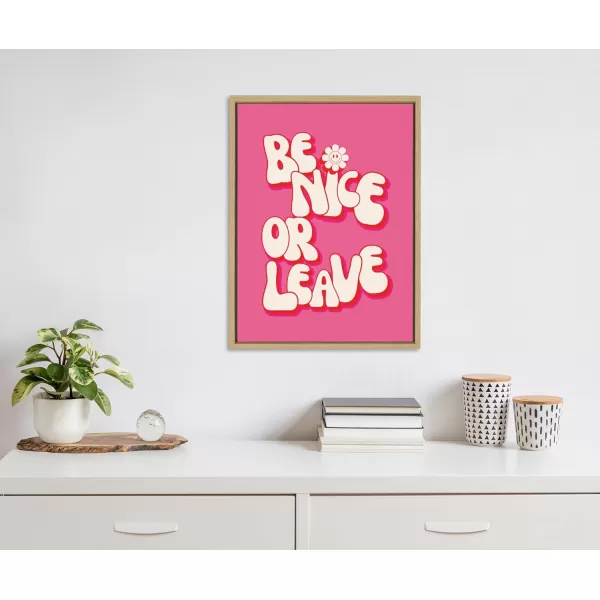 Kate and Laurel Sylvie Be Nice or Leave Framed Canvas Wall Art by Honey Island Studio 18x24 Natural Bright Pink Quote Art for Wall