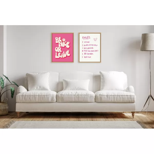 Kate and Laurel Sylvie Be Nice or Leave Framed Canvas Wall Art by Honey Island Studio 18x24 Natural Bright Pink Quote Art for Wall