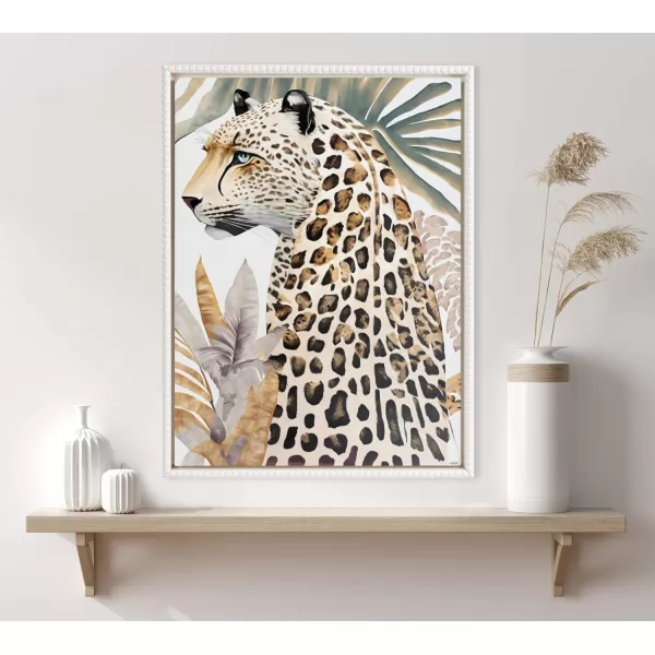 Kate and Laurel Sylvie Beaded Fern Cheetah Vintage Framed Canvas Wall Art by Inkheart Designs 18x24 Gold Animal Jungle Cat Art for WallWhite