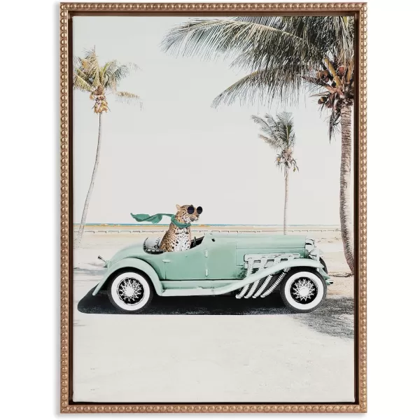 Kate and Laurel Sylvie Beaded Leopard in Car Beach Palms Vintage Framed Canvas Wall Art by July Art Prints 18x24 White Beach Animal Art for WallGold