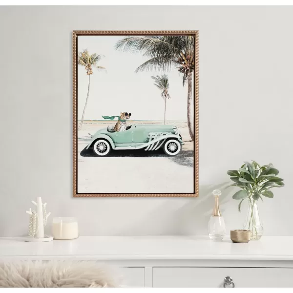 Kate and Laurel Sylvie Beaded Leopard in Car Beach Palms Vintage Framed Canvas Wall Art by July Art Prints 18x24 White Beach Animal Art for WallGold