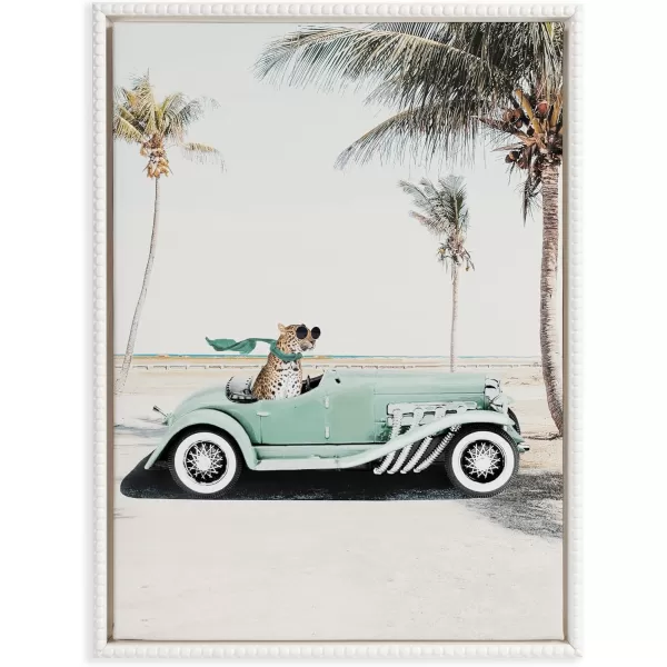 Kate and Laurel Sylvie Beaded Leopard in Car Beach Palms Vintage Framed Canvas Wall Art by July Art Prints 18x24 White Beach Animal Art for WallWhite