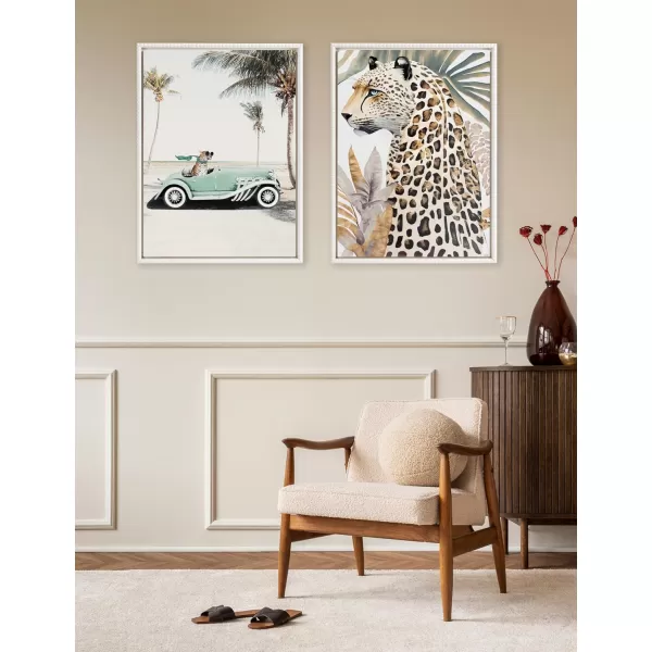 Kate and Laurel Sylvie Beaded Leopard in Car Beach Palms Vintage Framed Canvas Wall Art by July Art Prints 18x24 White Beach Animal Art for WallWhite
