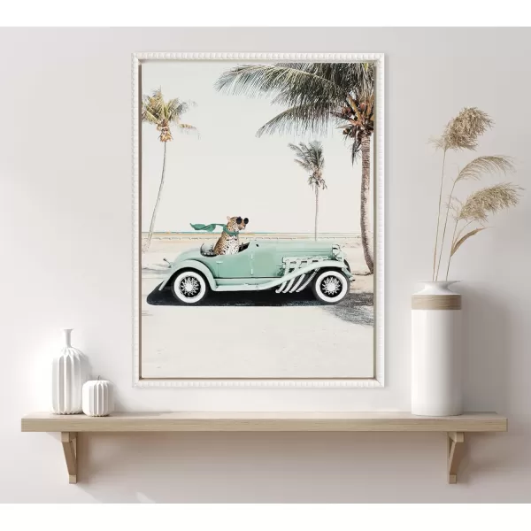 Kate and Laurel Sylvie Beaded Leopard in Car Beach Palms Vintage Framed Canvas Wall Art by July Art Prints 18x24 White Beach Animal Art for WallWhite