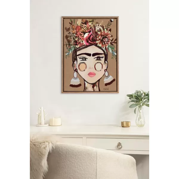 Kate and Laurel Sylvie Beaded Warm Frida Vintage Framed Canvas Wall Art by Inkheart Designs 18x24 Gold Modern Floral Female Portrait Art