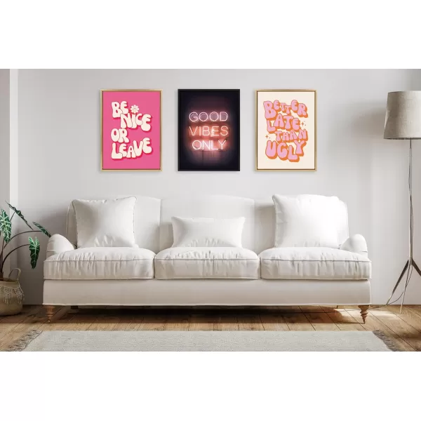 Kate and Laurel Sylvie Better Late Than Ugly PinkOrange Framed Canvas Wall Art by Honey Island Studio 18x24 Bright Gold Cute Pink Quote Art for Wall