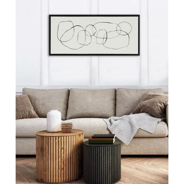 Kate and Laurel Sylvie Dancing Circles Framed Linen Textured Canvas Wall Art by Teju Reval of SnazzyHues 18x40 Gold Neutral Abstract Wall DecorBlack