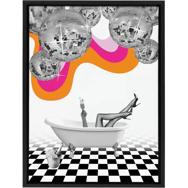 Kate and Laurel Sylvie Disco Bathtub Framed Canvas Wall Art by Honey Island Studio 18x24 Black Colorful Glam Bathroom Art for Wall