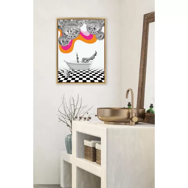 Kate and Laurel Sylvie Disco Bathtub Framed Canvas Wall Art by Honey Island Studio 18x24 Bright Gold Colorful Glam Bathroom Art for Wall