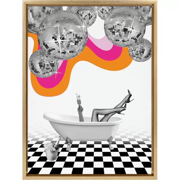 Kate and Laurel Sylvie Disco Bathtub Framed Canvas Wall Art by Honey Island Studio 18x24 Bright Gold Colorful Glam Bathroom Art for Wall