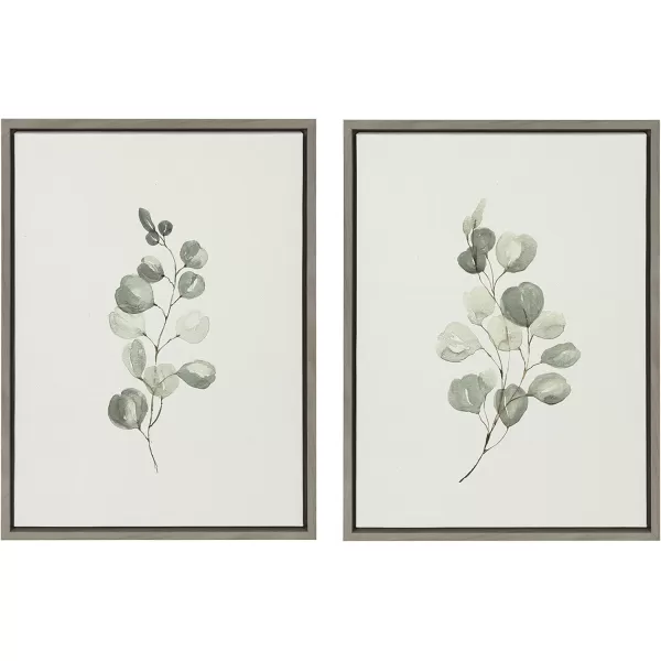 Kate and Laurel Sylvie Eucalyptus Framed Linen Textured Canvas Wall Art Set by Maja Mitrovic of Makes My Day Happy 18x24 Natural Sophisticated Botanical Art for WallGray