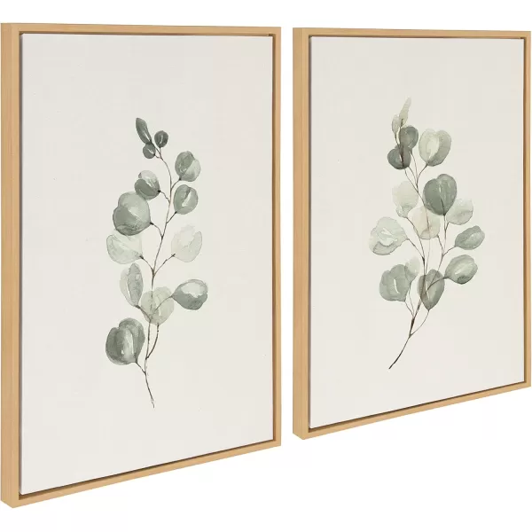 Kate and Laurel Sylvie Eucalyptus Framed Linen Textured Canvas Wall Art Set by Maja Mitrovic of Makes My Day Happy 18x24 Natural Sophisticated Botanical Art for WallNatural