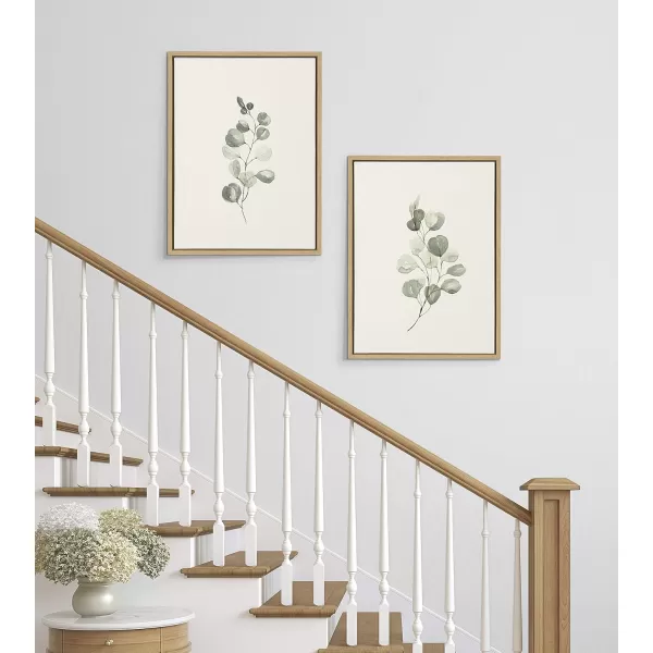 Kate and Laurel Sylvie Eucalyptus Framed Linen Textured Canvas Wall Art Set by Maja Mitrovic of Makes My Day Happy 18x24 Natural Sophisticated Botanical Art for WallNatural