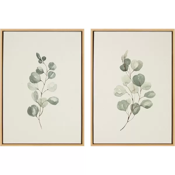 Kate and Laurel Sylvie Eucalyptus Framed Linen Textured Canvas Wall Art Set by Maja Mitrovic of Makes My Day Happy 18x24 Natural Sophisticated Botanical Art for WallNatural
