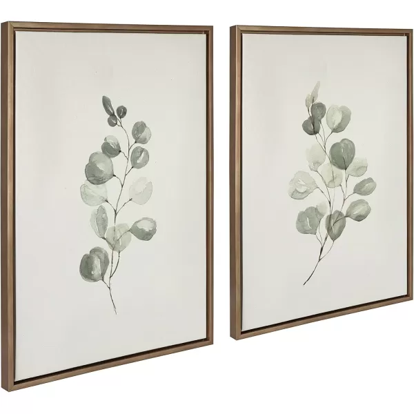 Kate and Laurel Sylvie Eucalyptus Framed Linen Textured Canvas Wall Art Set by Maja Mitrovic of Makes My Day Happy 18x24 Natural Sophisticated Botanical Art for WallGold