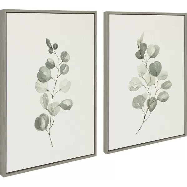 Kate and Laurel Sylvie Eucalyptus Framed Linen Textured Canvas Wall Art Set by Maja Mitrovic of Makes My Day Happy 18x24 Natural Sophisticated Botanical Art for WallGray