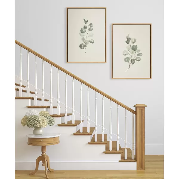 Kate and Laurel Sylvie Eucalyptus Framed Linen Textured Canvas Wall Art Set by Maja Mitrovic of Makes My Day Happy 18x24 Natural Sophisticated Botanical Art for WallNatural