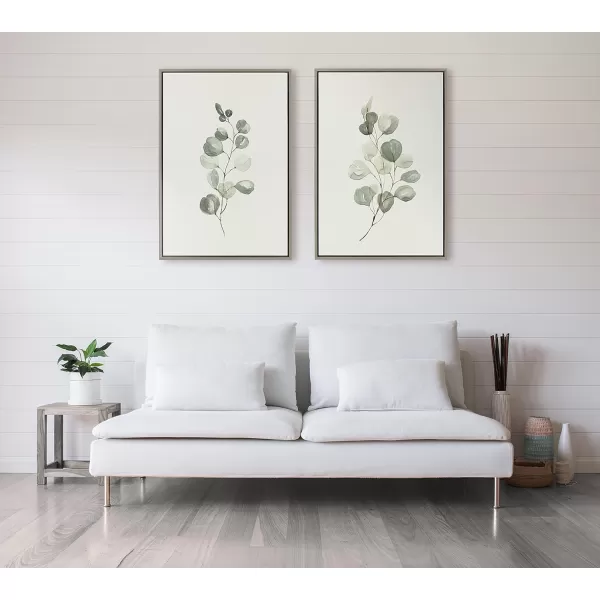 Kate and Laurel Sylvie Eucalyptus Framed Linen Textured Canvas Wall Art Set by Maja Mitrovic of Makes My Day Happy 18x24 Natural Sophisticated Botanical Art for WallGray