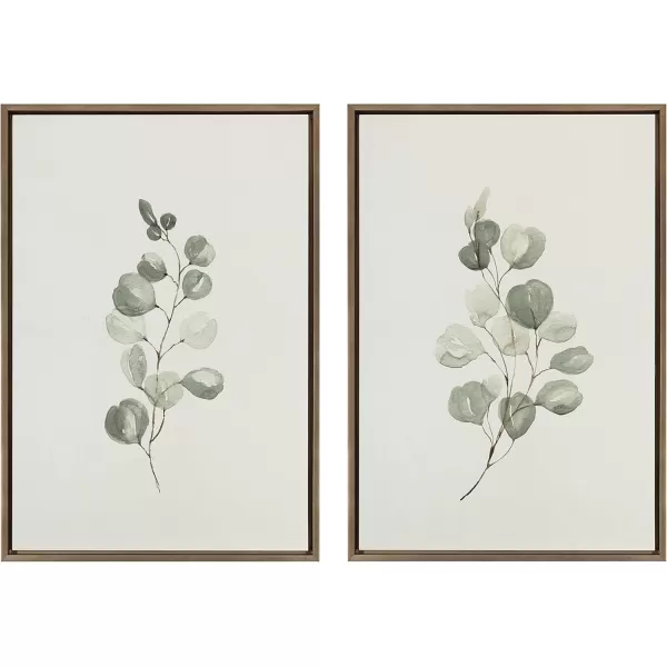 Kate and Laurel Sylvie Eucalyptus Framed Linen Textured Canvas Wall Art Set by Maja Mitrovic of Makes My Day Happy 18x24 Natural Sophisticated Botanical Art for WallGold