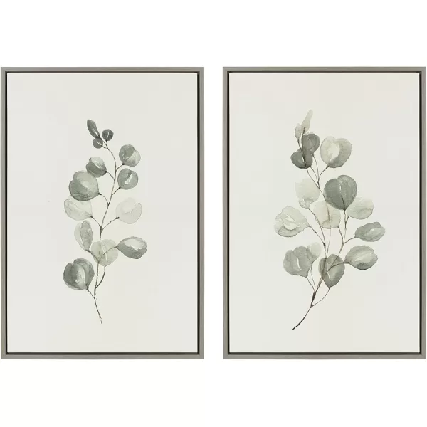 Kate and Laurel Sylvie Eucalyptus Framed Linen Textured Canvas Wall Art Set by Maja Mitrovic of Makes My Day Happy 18x24 Natural Sophisticated Botanical Art for WallGray