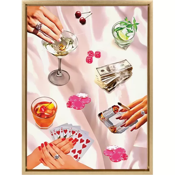 Kate and Laurel Sylvie Game Night Poker Framed Canvas Wall Art by Honey Island Studio 18x24 Natural Modern Glam Poker Art for WallBright Gold