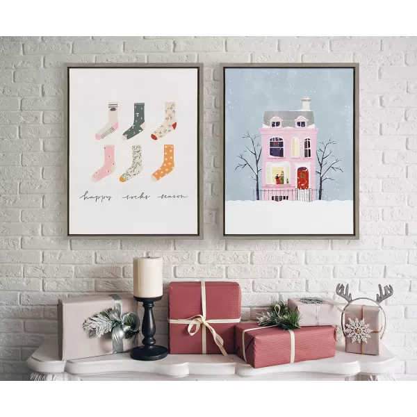 Kate and Laurel Sylvie Happy Sock Season Framed Canvas Wall Art by Maja Tomljanovic 18x24 Gray Holiday Inspired Decorative Home Decor