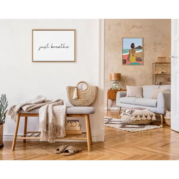 Kate and Laurel Sylvie Just Breathe Horizontal Black and White Framed Canvas Wall Art by The Creative Bunch Studio 18x24 Gray Calming Minimalist Mindfulness Art Motivational Wall DcorNatural