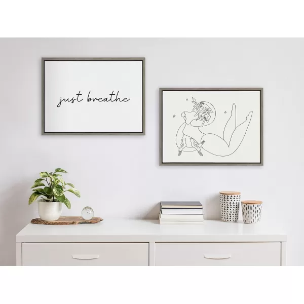 Kate and Laurel Sylvie Just Breathe Horizontal Black and White Framed Canvas Wall Art by The Creative Bunch Studio 18x24 Gray Calming Minimalist Mindfulness Art Motivational Wall DcorGray