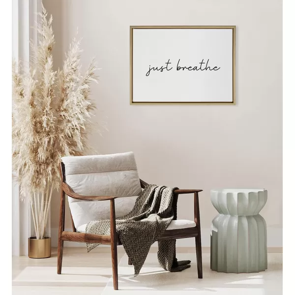 Kate and Laurel Sylvie Just Breathe Horizontal Black and White Framed Canvas Wall Art by The Creative Bunch Studio 18x24 Gray Calming Minimalist Mindfulness Art Motivational Wall DcorGold