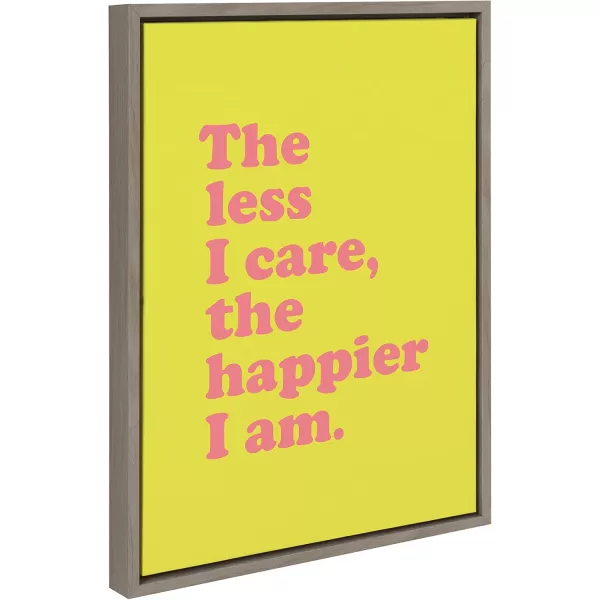 Kate and Laurel Sylvie Less I Care Happier I am in Yellow and Pink Framed Canvas Wall Art by Apricot and Birch 18x24 Gray Chic Inspirational Art for Wall