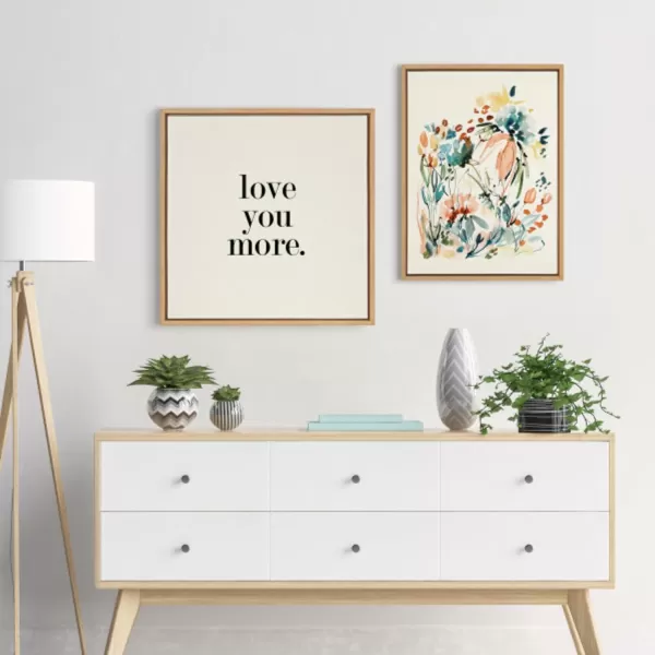 Kate and Laurel Sylvie Love You More Flinen Framed Canvas Wall Art by Maggie Price of Hunt and Gather Goods 22x22 Natural Simple Romantic Art for WallNatural