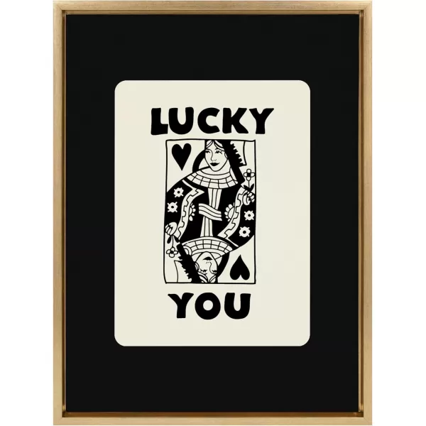 Kate and Laurel Sylvie Lucky You Framed Canvas Wall Art by Honey Island Studio 18x24 Natural Cute Casino Deck of Cards Art for WallBright Gold