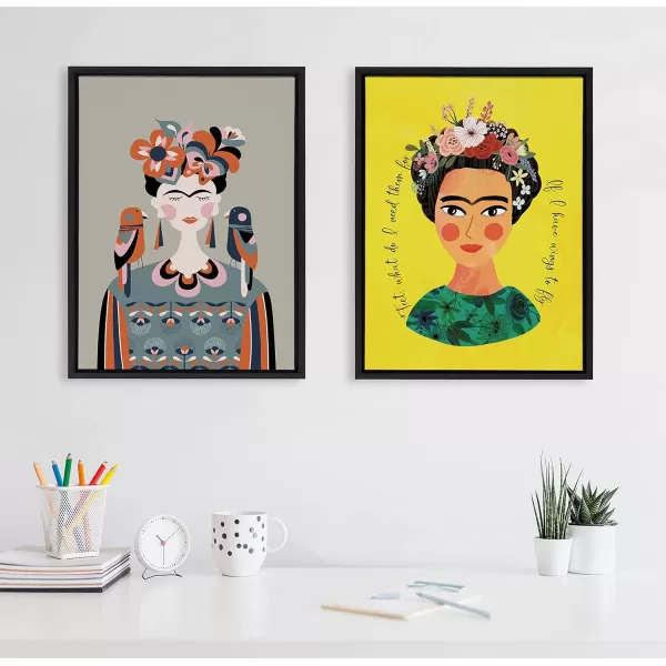 Kate and Laurel Sylvie MCM Frida Kahlo Framed Canvas Wall Art by Rachel Lee of My Dream Wall 18x24 Black Colorful Midcentury Art Print for WallBlack