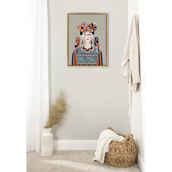 Kate and Laurel Sylvie MCM Frida Kahlo Framed Canvas Wall Art by Rachel Lee of My Dream Wall 18x24 Black Colorful Midcentury Art Print for WallGold
