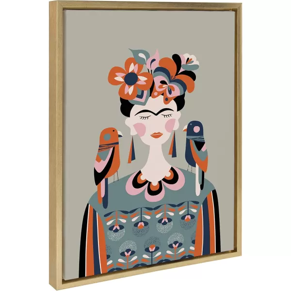 Kate and Laurel Sylvie MCM Frida Kahlo Framed Canvas Wall Art by Rachel Lee of My Dream Wall 18x24 Black Colorful Midcentury Art Print for WallGold